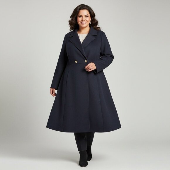Women’s Plus Size 3X Long Dress Coat Navy A-Line Fit & Flare Winter Overcoat - Picture 1 of 8
